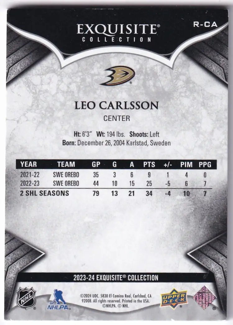 2023-24 Exquisite Collection #RCA Leo Carlsson RC Anaheim Ducks Hockey Card