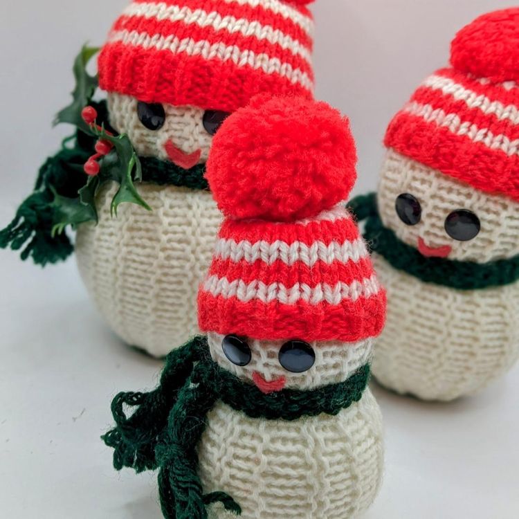 Kitschy Handcrafted Crochet Snowman Family with Hats & Scarves