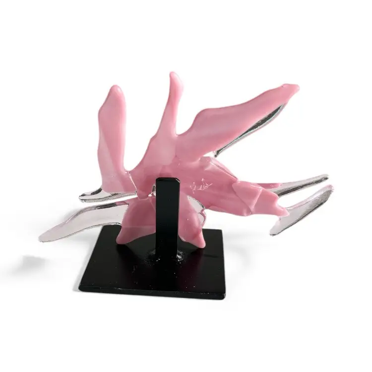 Signed Pink And Clear Fused Glass Sculpture With Black Metal Stand