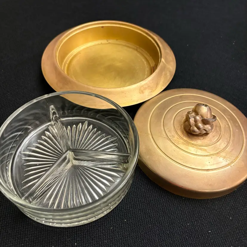 Chase Copper Company Brass Divided Relish Or Trinket Covered Dish