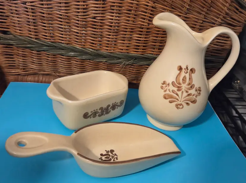 Pfaltzgraff "Village" Mini Pitcher, Sweetener Holder, and Canister Scoop