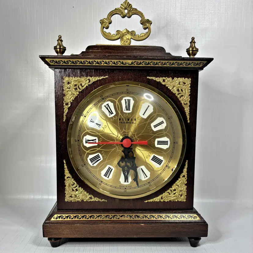 Weimar Fireplace Table Clock Quartz Movement Wood Brass 1970s Vintage