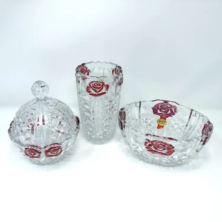Anna Hütte Bleikristall Lead Crystal 3‑Piece Ruby Rose Set Germany, Vintage  (0014-26)