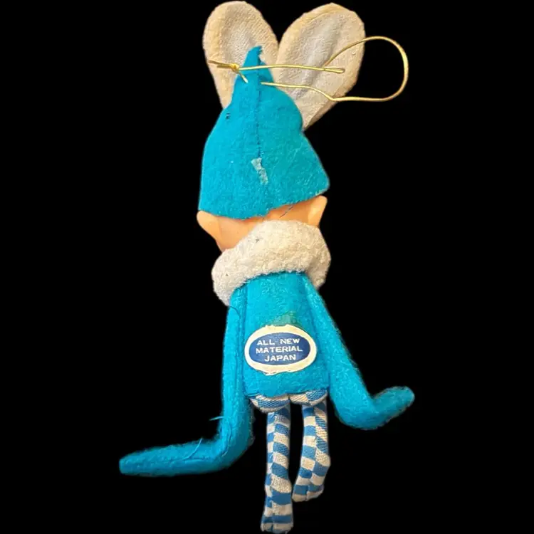 Vintage Japan Christmas Knee Hugger Elf With Bunny Ears Ornament Blue Stripes 6” HTF
