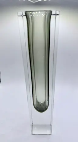12" Tall Italy Murano Sommerso Smoke / Clear Block Vase Flavio Poli Vintage MCM