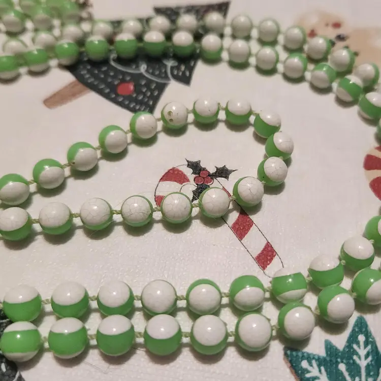 Vintage 27 Inch Long Plastic Mint Lime Green & White Striped Beads Beaded Necklace Retro Mod