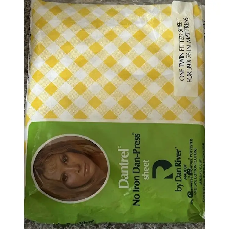 Vintage DAN RIVER Dantrel Twin Fitted Sheet NOS NEW Yellow &White Plaid NOS