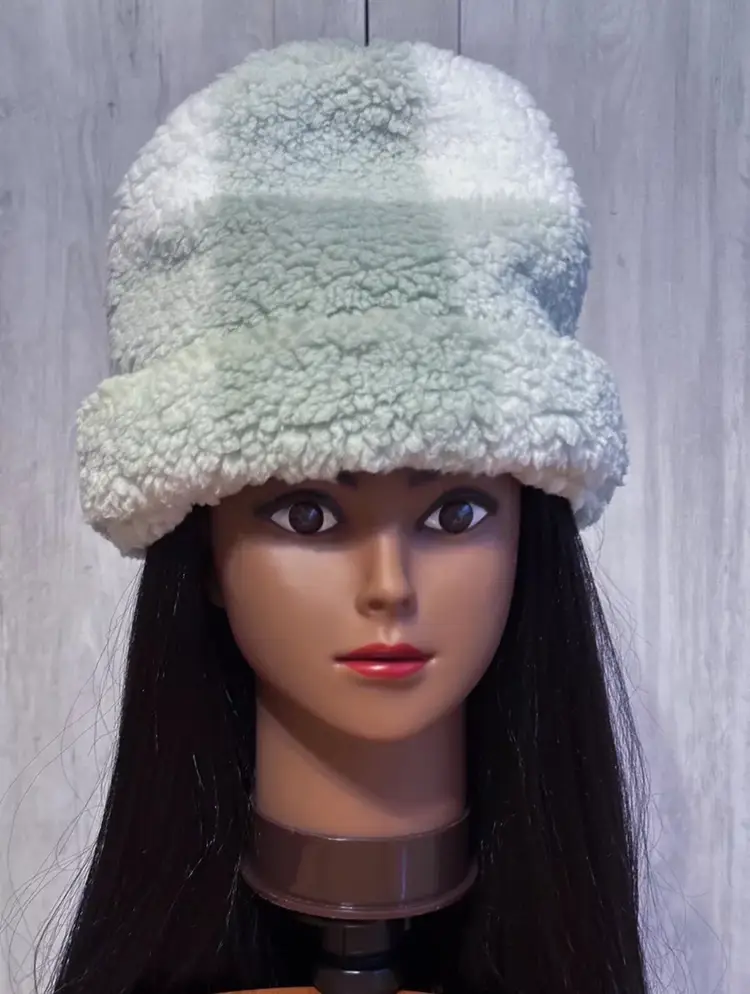 Handmade White Green Plaid Checkered Sherpa Fuzzy Fleece Faux Fur Beanie Hat