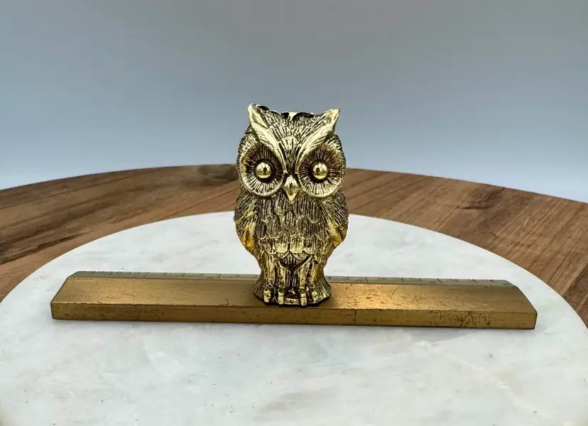 Vintage Solid Brass Owl Ruler Paperweight