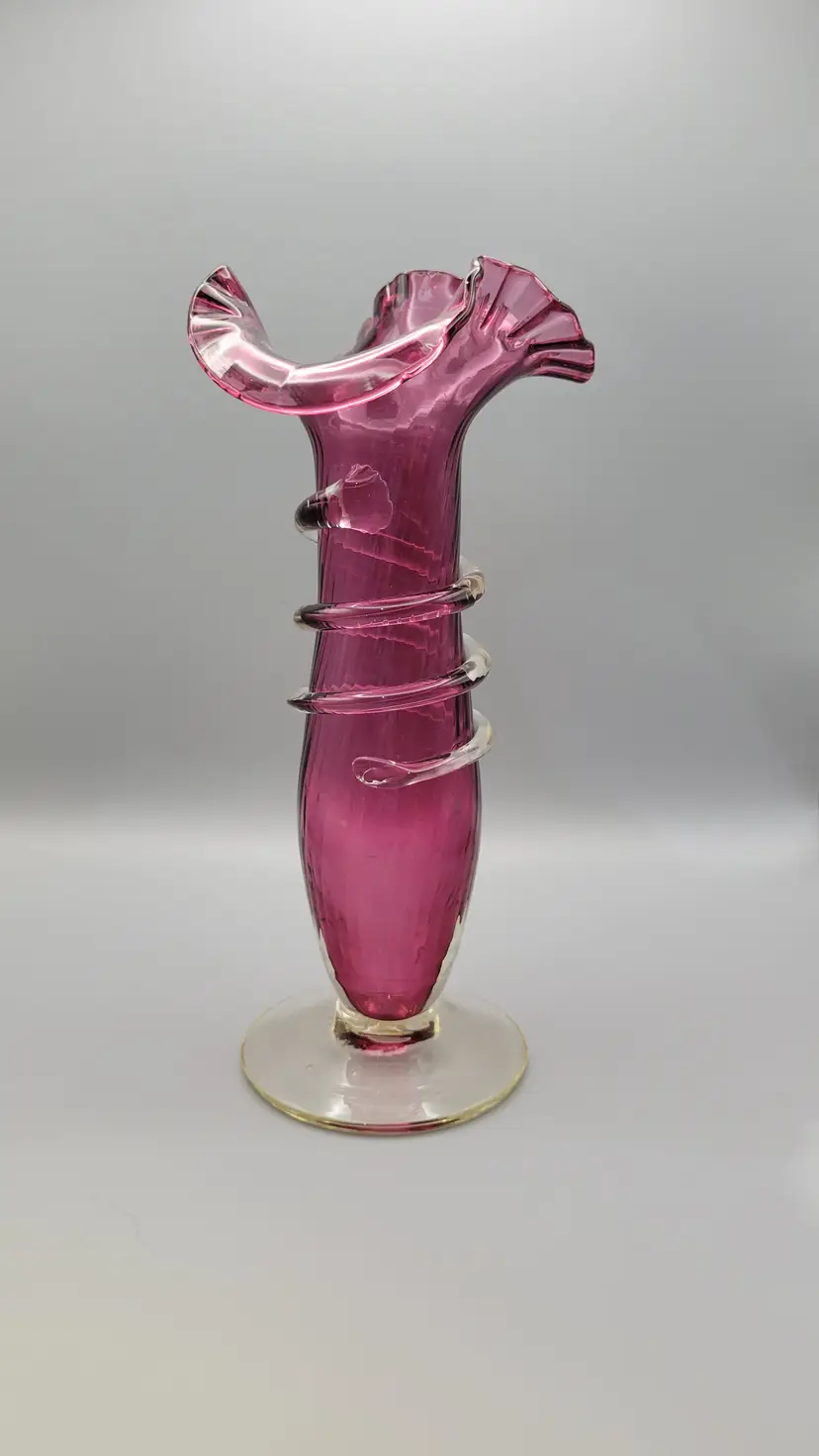 Victorian Cranberry Glass Vase with Ruffled Edge and Applied Rigaree