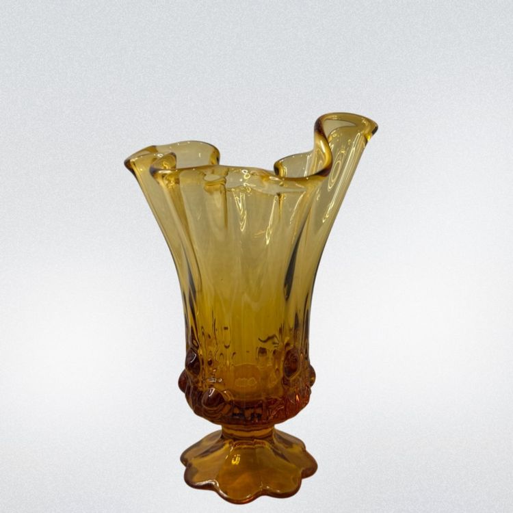 Fenton Vase Handkerchief Amber Glass Cabbage Rose Pattern Pedestal 
6.25”T x  4” W x 4-1/4” L