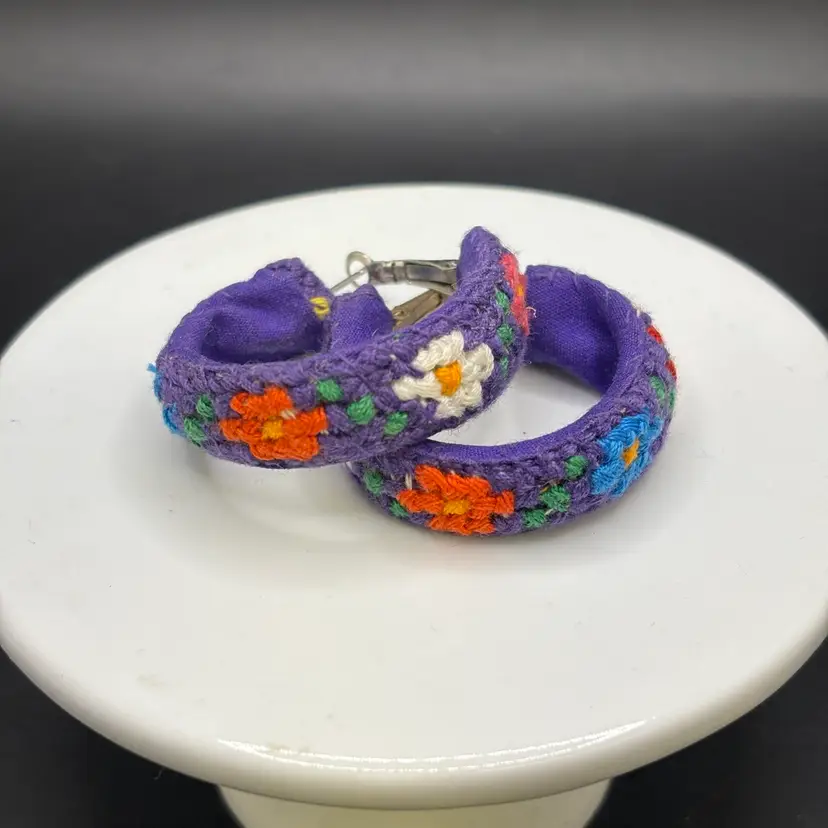 Handmade Embroidered Purple Hoops With Flowers Pierced