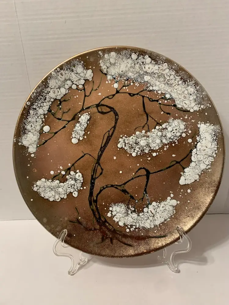 GORGEOUS MCM 14” Landau California Cloisonné Enamel On Copper Tree of Life Tray