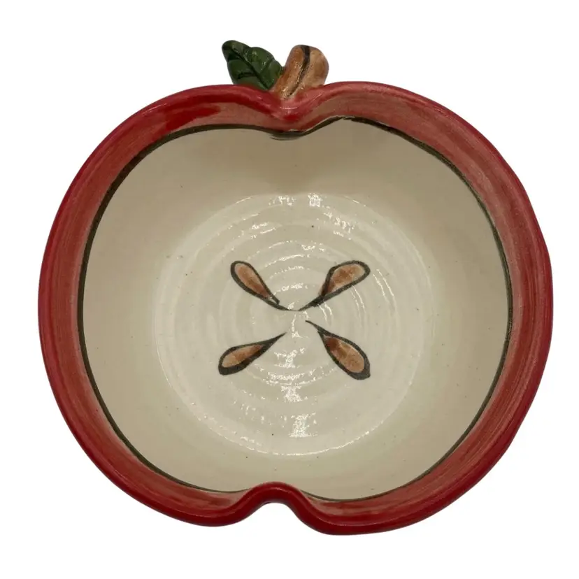 Handmade Studio Pottery Sliced Red Apple Decorative Bowl, Artist Signed