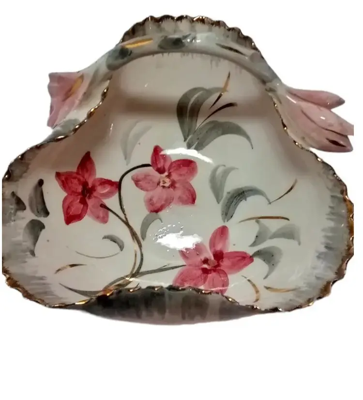 Italian Pottery Trinket Candy Nut Dish Hand Painted Pink Flowers Gold Trim