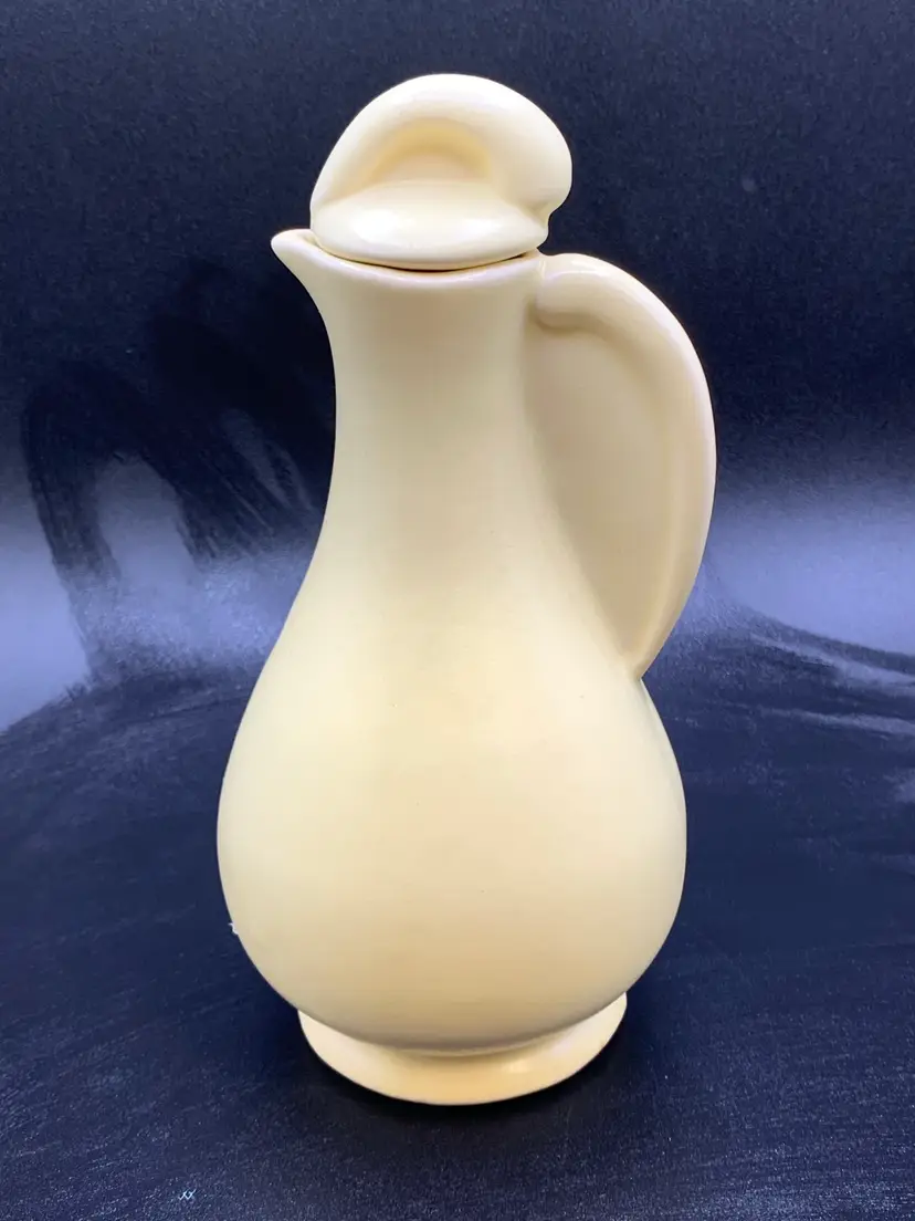 McCoy Style Beige Yellow Carafe/Pitcher/ Cruet with Lid, Marked USA. 7”