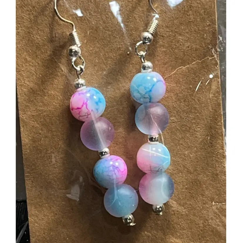 Pink And Blue Beaded Earrings Made By Me