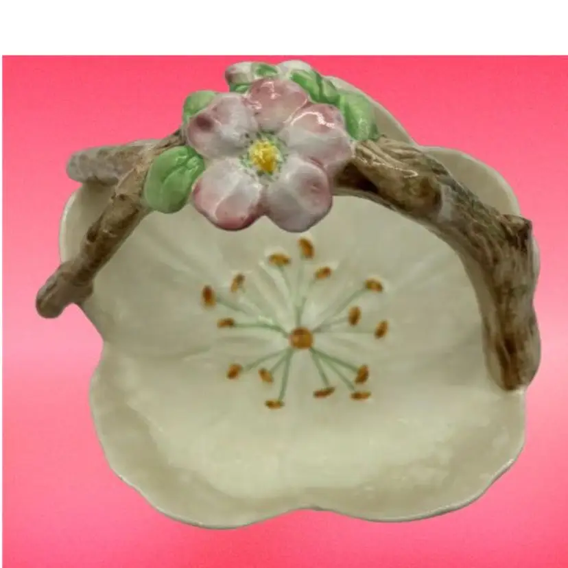 Vintage SylvaC England Flower Blossom Shape Trinket Dish Basket w/Twig Handle 4”