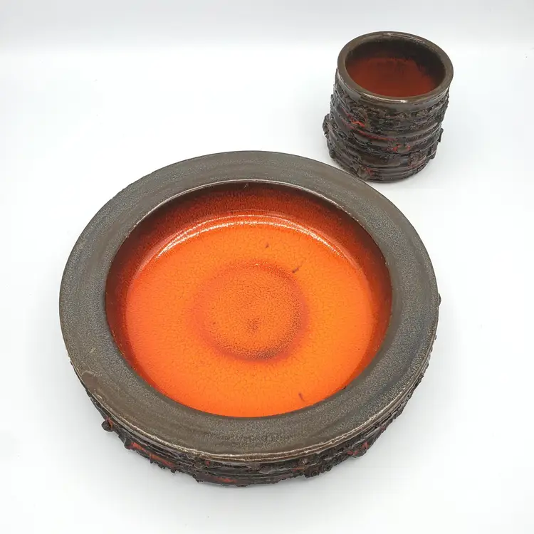 Vintage Glit Lava Pottery Cup And Low Profile Bowl, Iceland, MCM Brutalist