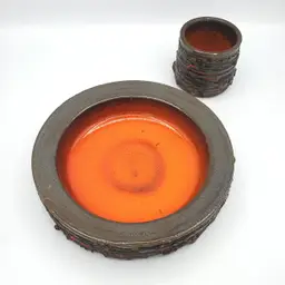 Vintage Glit Lava Pottery Cup And Low Profile Bowl, Iceland, MCM Brutalist