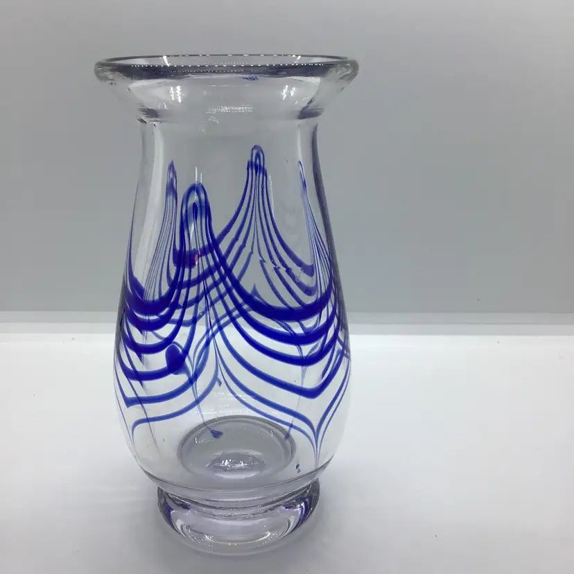 Vintage Hand Blown Blue Pulled Feather Thick Art Glass Vase