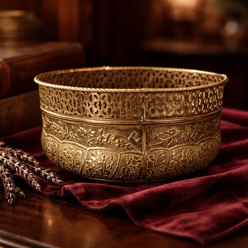 Vintage Middle Eastern or Islamic Brass Bowl or Planter, 10" Wide, 4.75" Tall