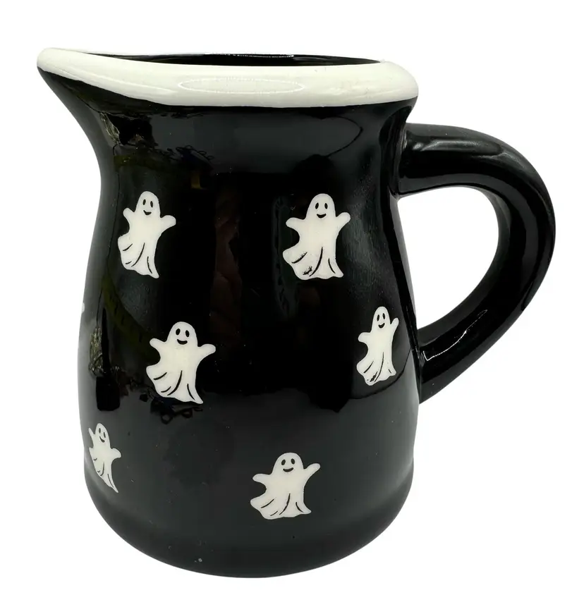 Terramoto Ceramic Small Pitcher Jug Black White Halloween Ghost Handle Spooky 5”