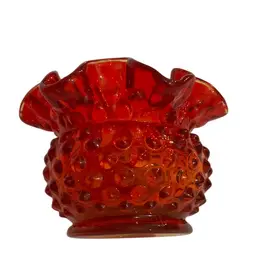 Fabulous Vintage Fenton Amberina Red Hobnail Glass Vase Ruffled Edge Rose Bowl Vase 3” Tall And 3” Diameter