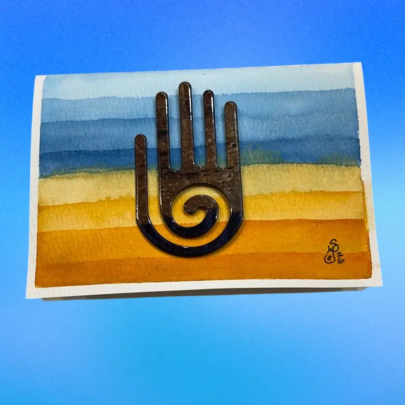 Original Watercolor Card 5 X 31/2” With Enameled Hamsa Hand; Comes With Gift Box And Tissue. A Card And Gift In One!