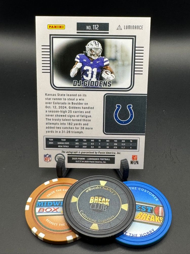 DJ Giddens Rc Gold Auto 092/100 2025 Luminance Indianapolis Colts