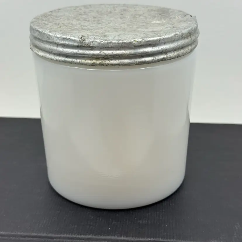 Hazel Atlas Milk Glass Canister With Aluminum Lid. See Callouts On Lid In Pics, 1950’s