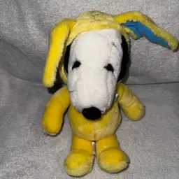 Vintage Peanuts SNOOPY Plush Stuffed Animal in Bunny Rabbit Suit Yellow Easter