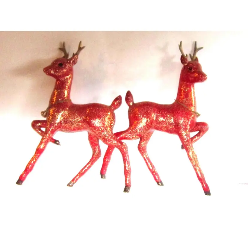 RARE, VTG 13" H, Shiny Red Blow Mold Plastic Gold Glitter Molded Reindeer, Japan