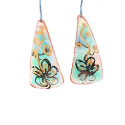 Artisan Painted Copper Earrings- Pierced Dropped Flowers Blue Bronze