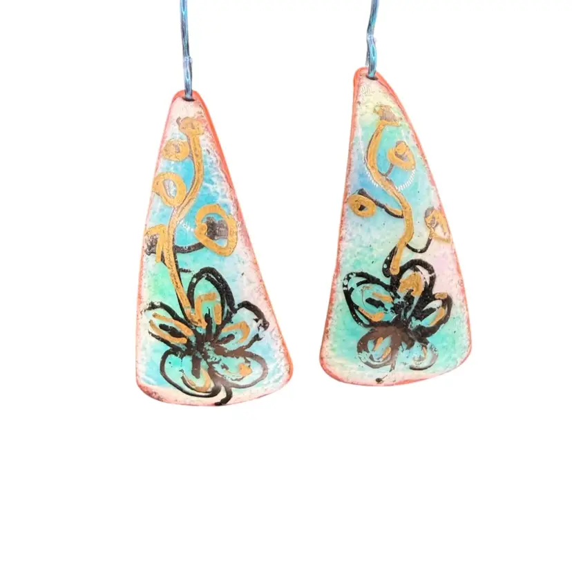 Artisan Painted Copper Earrings- Pierced Dropped Flowers Blue Bronze