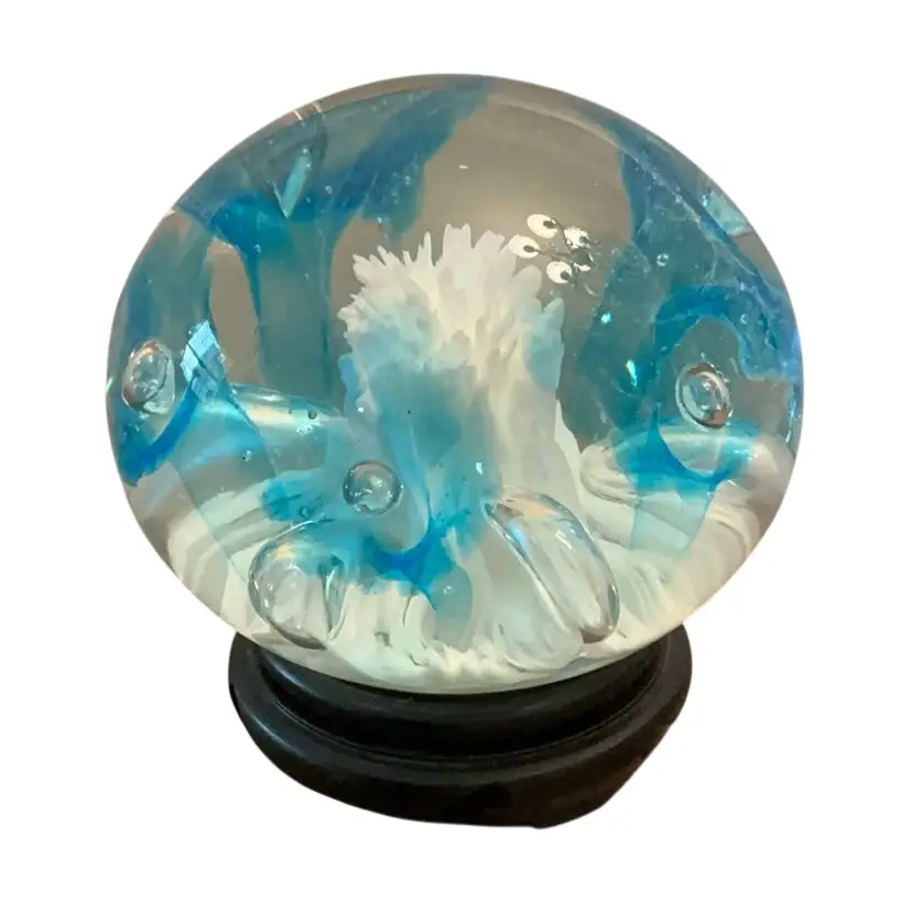 Vintage Joe Rice 1994 Art Glass Chrysanthemum And Bubble Paperweight 3”x 4”