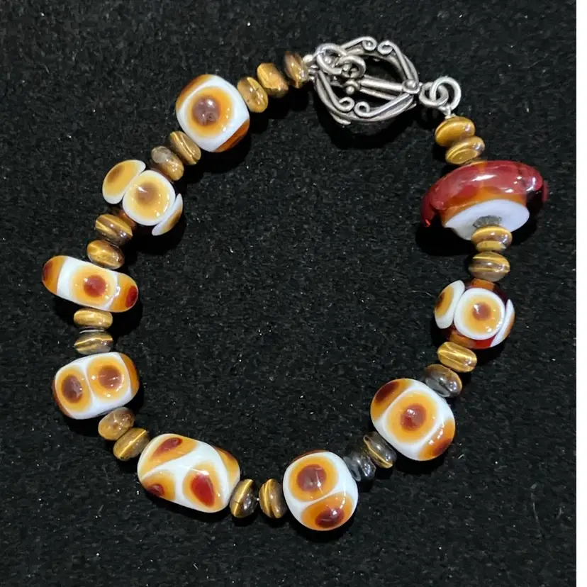 Lampwork And Tigers Eye Beaded Toggle Bracelet