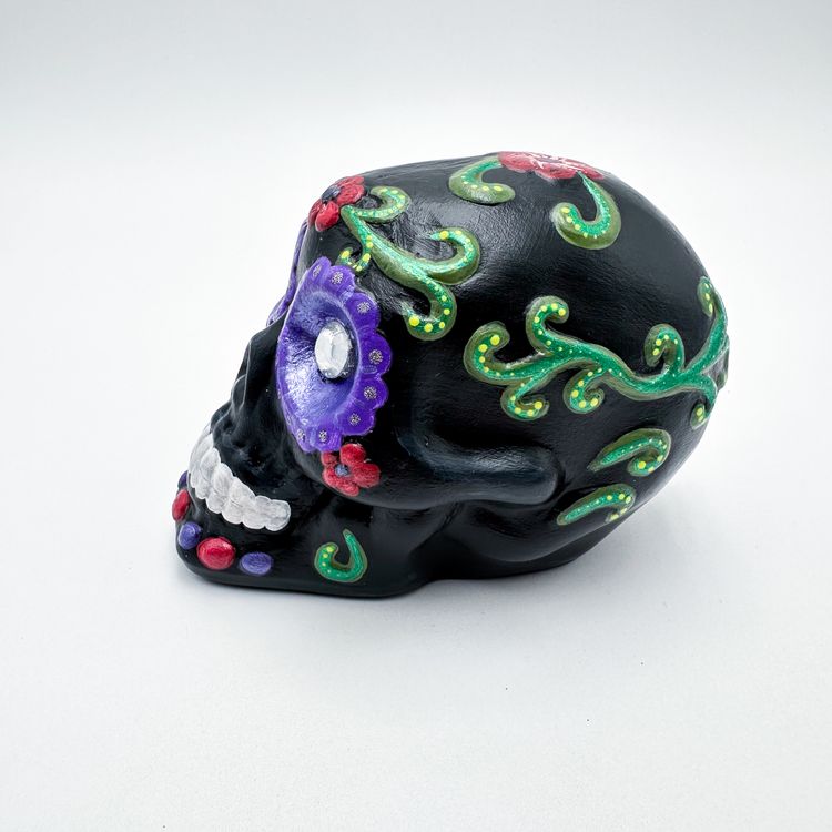 Sugar Skull Figurine Ceramic Multicolor Hand Painted 3.5"H 3"W 5"L