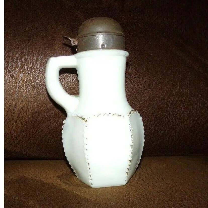 EAPG Beaded Hexagon Milk Glass Syrup Pitcher, c1870s, Poss Dithridge, Rare