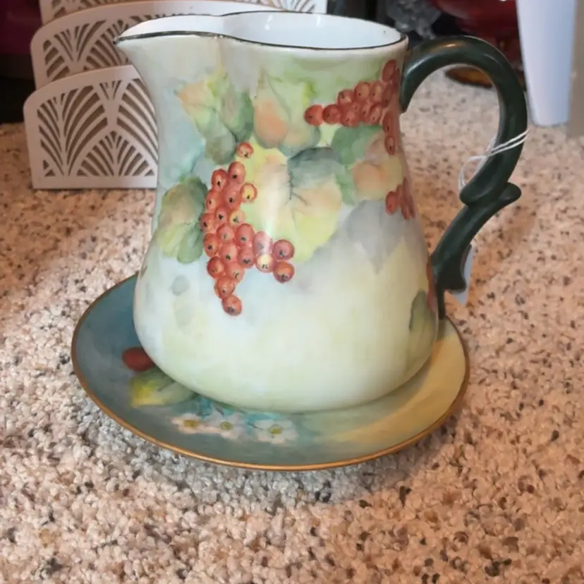 HANDPAINTED Juice 🍇 Pitcher 5” Tall And Underplate 6.25” Diameter Both Signed