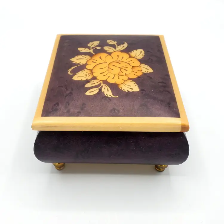 Vintage Italian Inlaid Wood Musical Jewelry Box, Purple With Orange Florals, Brass Feet