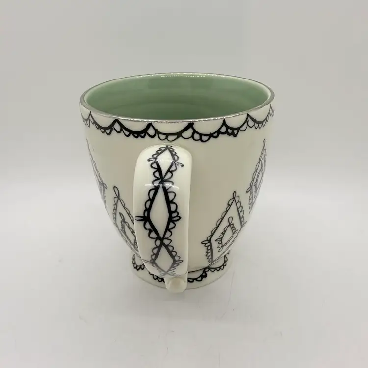 Vintage Starbucks Barista 2002 Coffee Mug White Black Lace Diamonds Green Inside