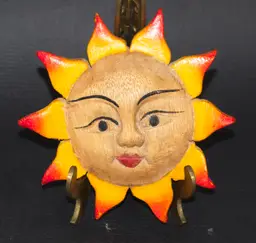 Vintage Wood Carved Sun Wall Hanging Signed 4.5" Diameter