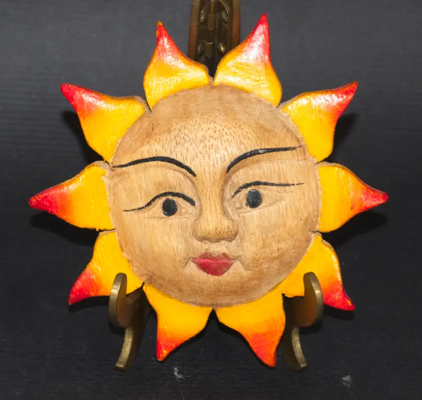 Vintage Wood Carved Sun Wall Hanging Signed 4.5" Diameter