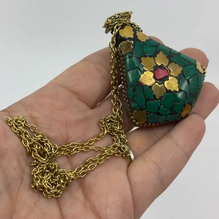 Vintage Malachite Brass Mosaic Inlay Perfume Bottle Necklace 30”