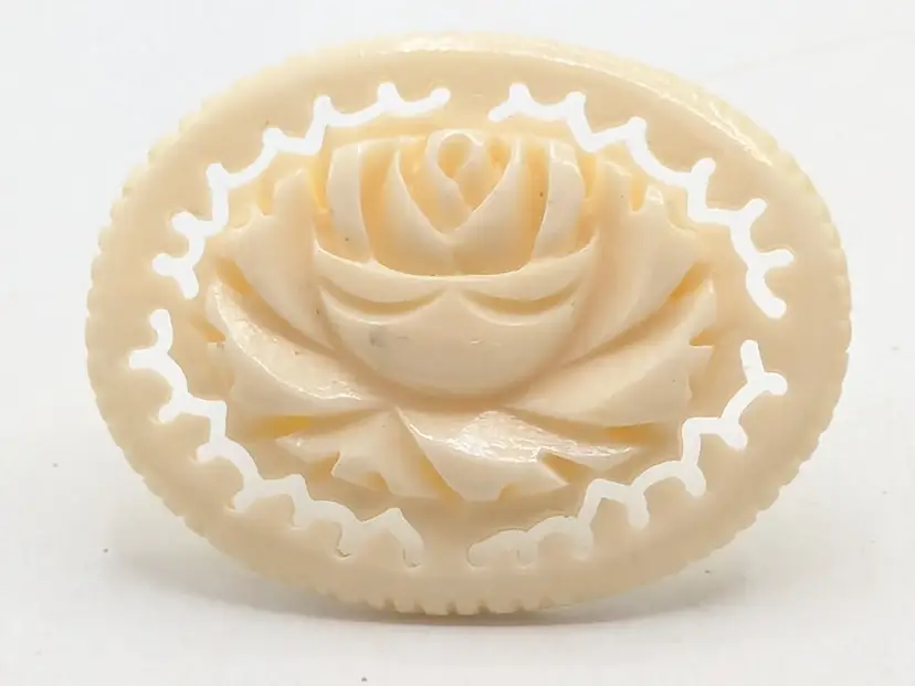 Vintage Hand Carved Bovine Bone Rose Brooch Flower