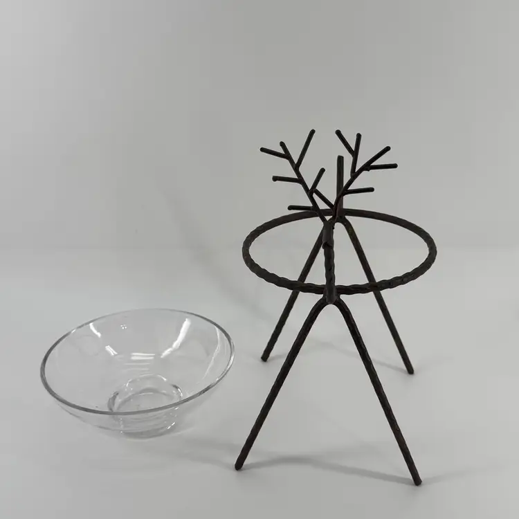 Festive Holiday Christmas 2PC Iron Reindeer Shape Centerpiece With Glass Bowl