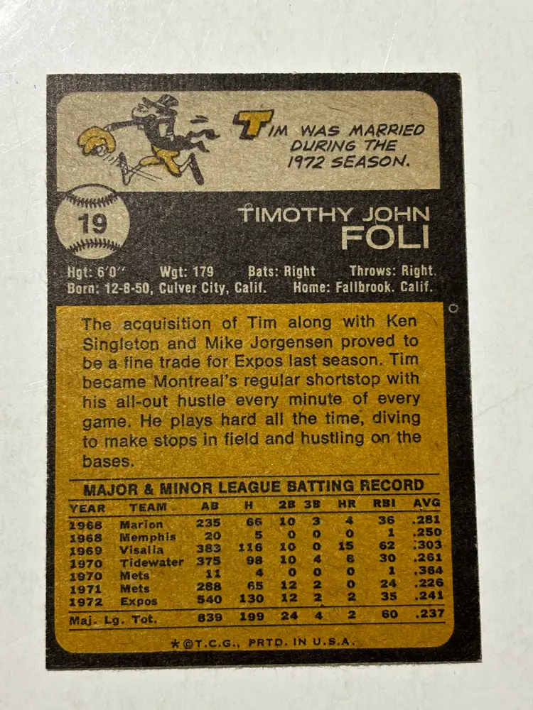 Tim Foli - 1976 Topps #19 signed Montreal Expos With Religious inscription