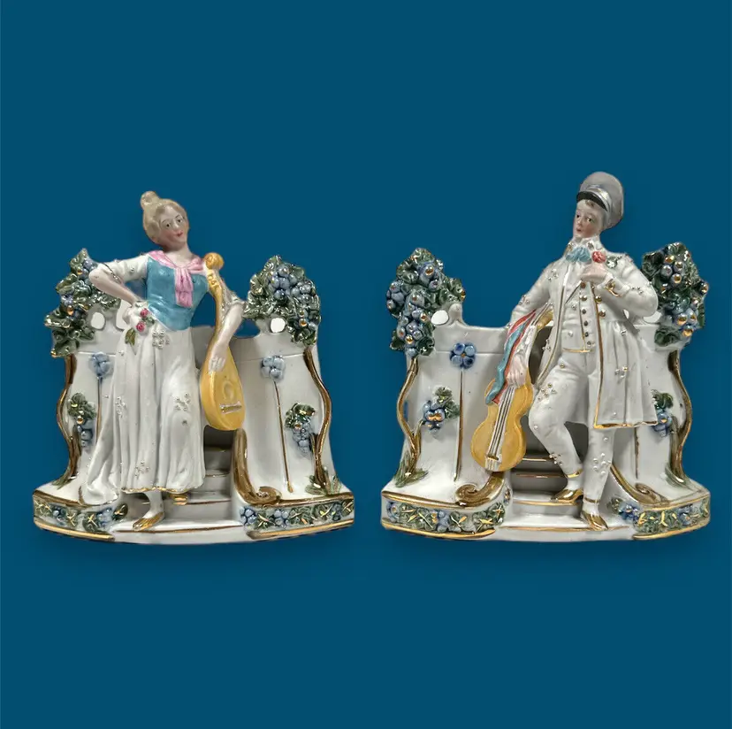 Vintage German Bisque Porcelain Figural Figurines Dresser Vases Flowerpot Set 2