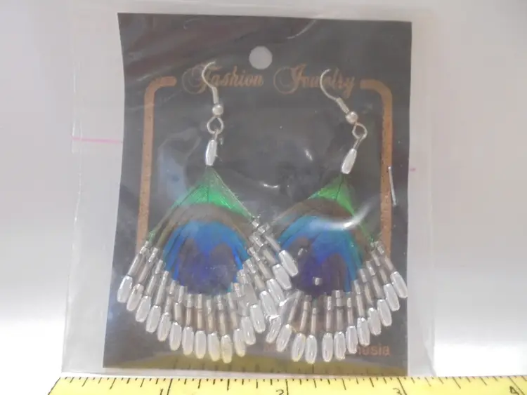 Peacock Feather and Bead Earrings 2" x 1.75"